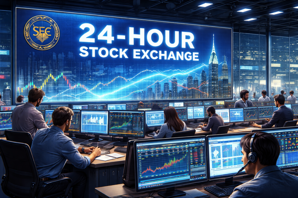 Illustration of a digital trading floor in New York operating overnight, with traders monitoring screens under a display announcing a 24 hour stock exchange.