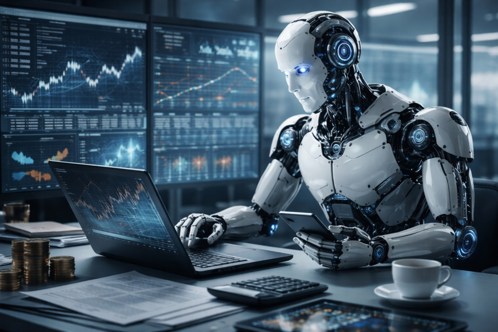 The Algorithmic Personhood: When AI Agents Become Independent Economic Actors A humanoid AI system works at a desk surrounded by market data screens, suggesting an automated agent operating independently within an economic environment.