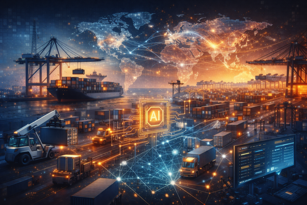 Illustration of a modern shipping port with container ships, cranes, and trucks connected by digital networks, showing how automated logistics systems are reshaping global trade routes.