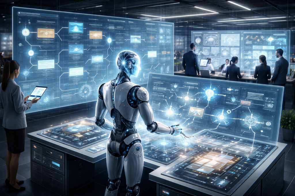 Editorial image of a humanoid AI agent coordinating complex enterprise workflows on holographic screens, while human professionals monitor and collaborate in a high-tech office environment.
