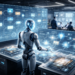 Editorial image of a humanoid AI agent coordinating complex enterprise workflows on holographic screens, while human professionals monitor and collaborate in a high-tech office environment.