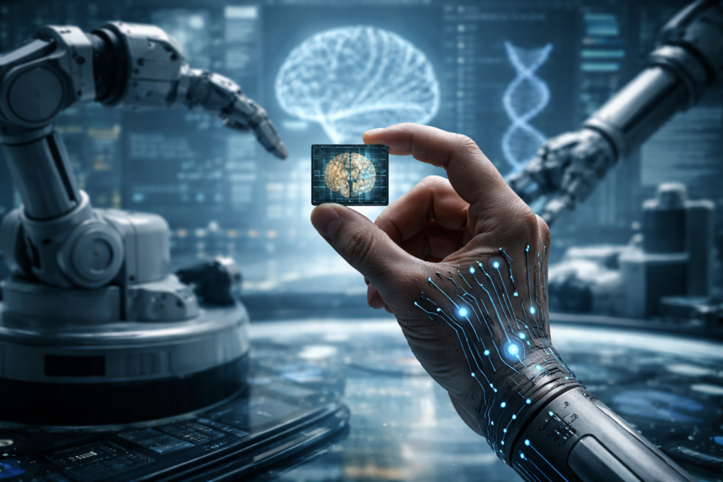 Editorial illustration showing a human silhouette partially integrated with abstract circuits and biological forms, symbolising the shift from traditional labour to engineered human capital in a post-biological economy.