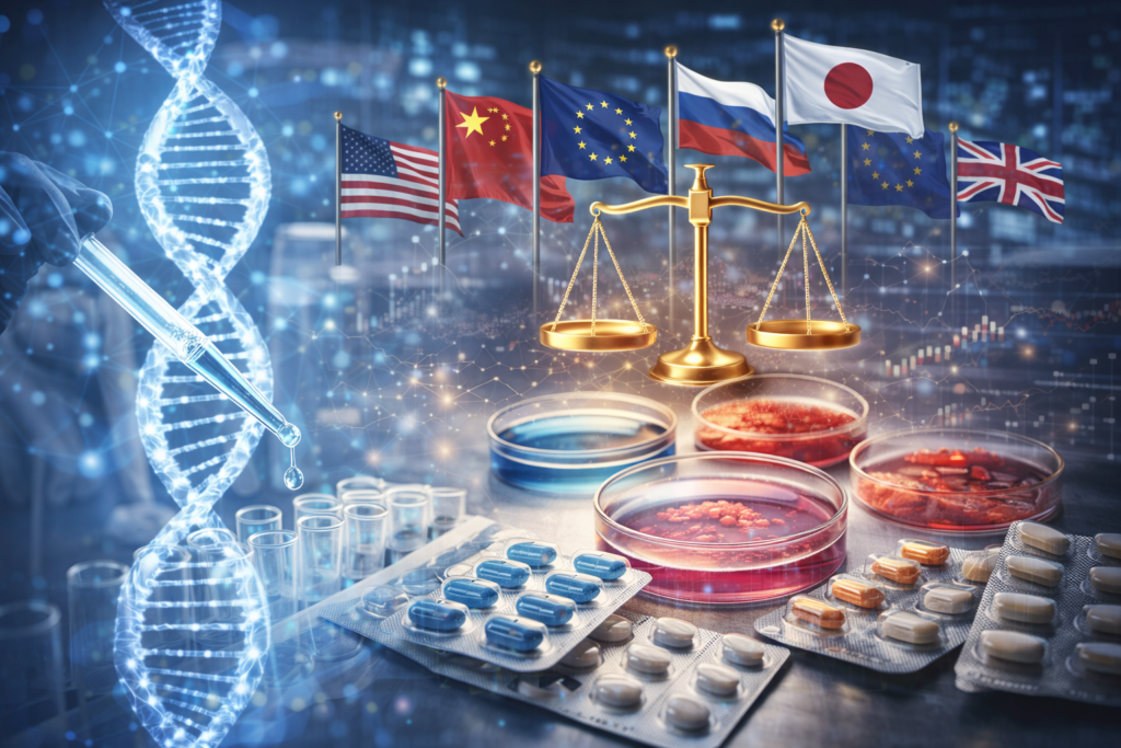 Laboratory setting with DNA imagery, medical samples, and national flags alongside financial graphics, illustrating biotechnology’s growing role in global strategy and state influence.