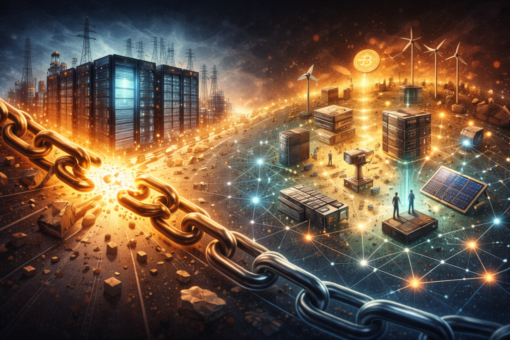 Decentralized Physical Networks Challenge Legacy Infrastructure Models Illustration showing a centralized data center breaking apart into smaller connected devices, symbolizing the shift from legacy infrastructure to decentralized physical networks.