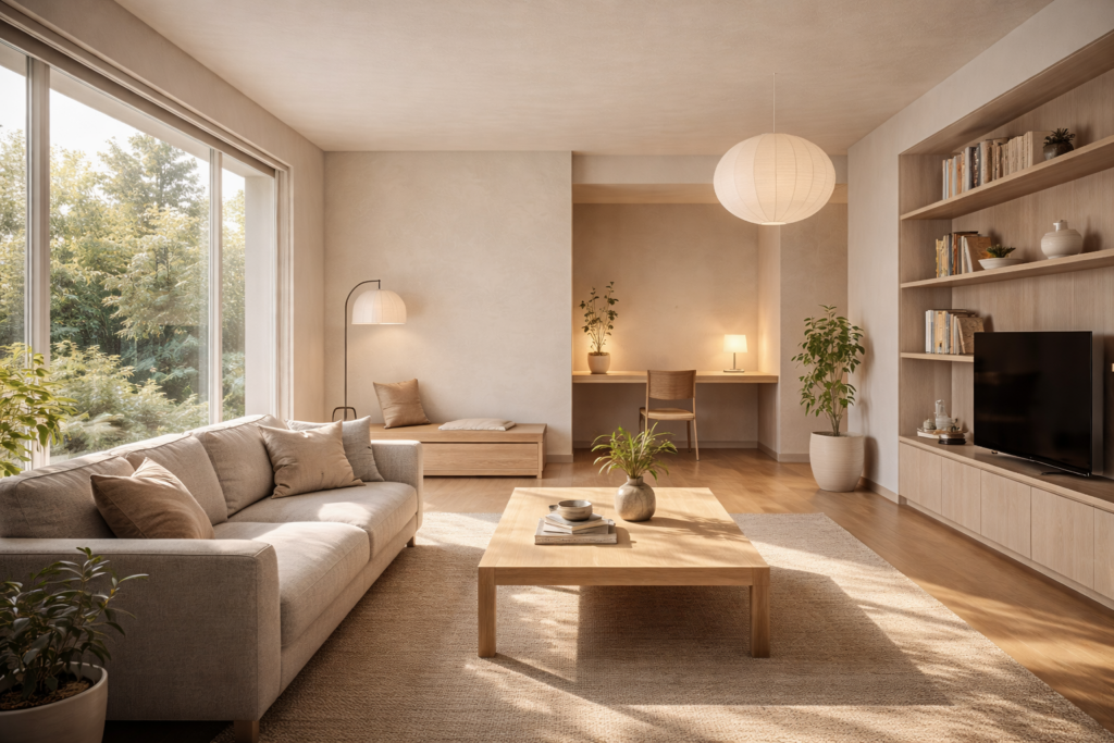 Minimalist living space with natural light, restrained furnishings, and limited visible technology, reflecting architectural design aimed at reducing cognitive load.