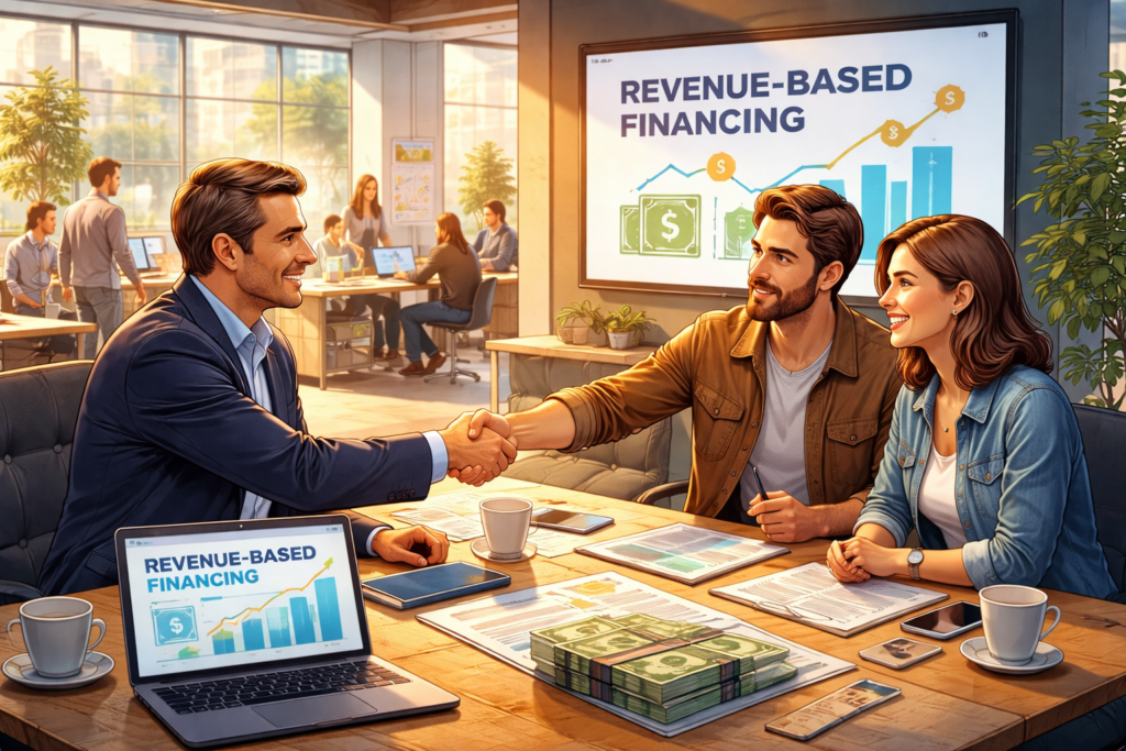 Illustration of startup founders meeting an investor to discuss revenue based financing, with financial charts and documents visible in a modern office setting.