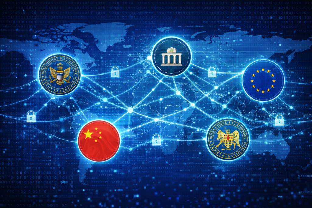 Illustration showing interconnected national digital currency symbols linked by secure network lines, representing cooperation between central banks on cross border CBDC systems.