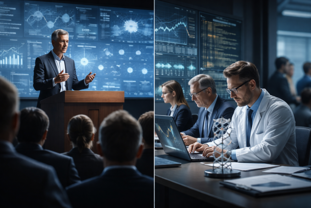 A conference scene contrasts a broad public speaker addressing many topics with focused specialists working deeply within their own technical domains.