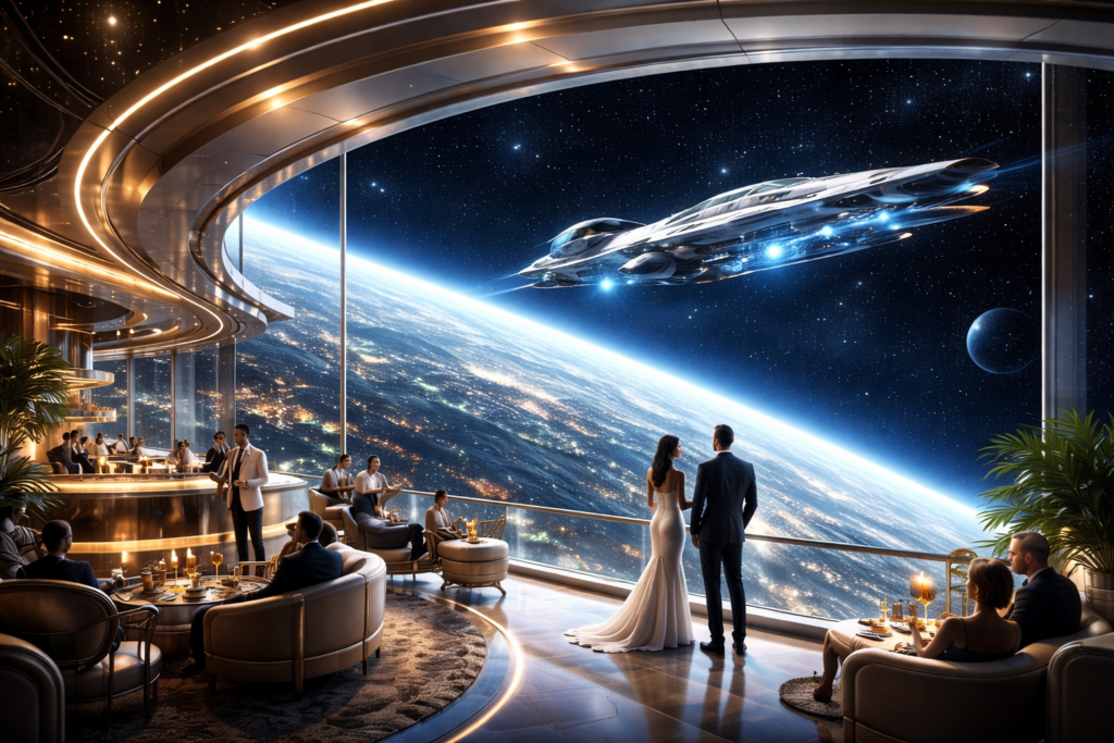 Editorial illustration showing a luxury observation lounge in orbit, with guests looking out over the Earth through panoramic windows, reflecting the privatization of space as an exclusive travel experience.
