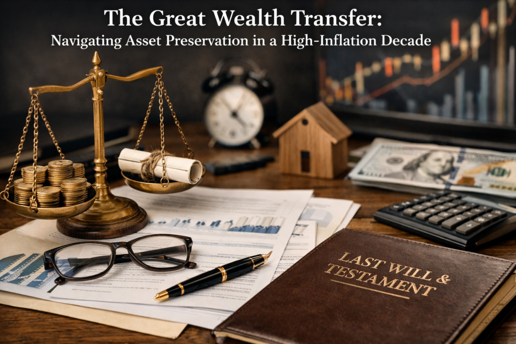 Editorial style photograph of financial documents, a balance scale with gold coins, a house model, calculator, cash, and a last will and testament folder on a wooden desk, symbolizing wealth transfer and asset preservation in an inflationary period.