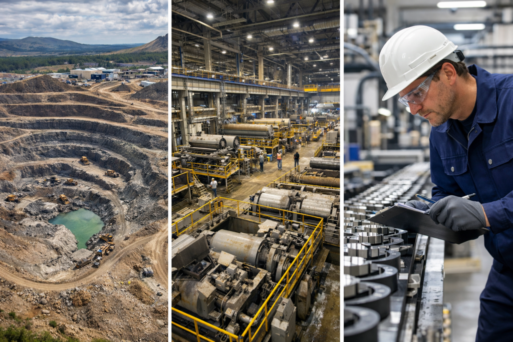 Rare Earth Producers Accelerate Push for Independent Supply Chains in 2026 Rare earth supply chain operations in 2026, showing an open-pit mine, a mineral processing facility and magnet production for clean energy and technology industries.