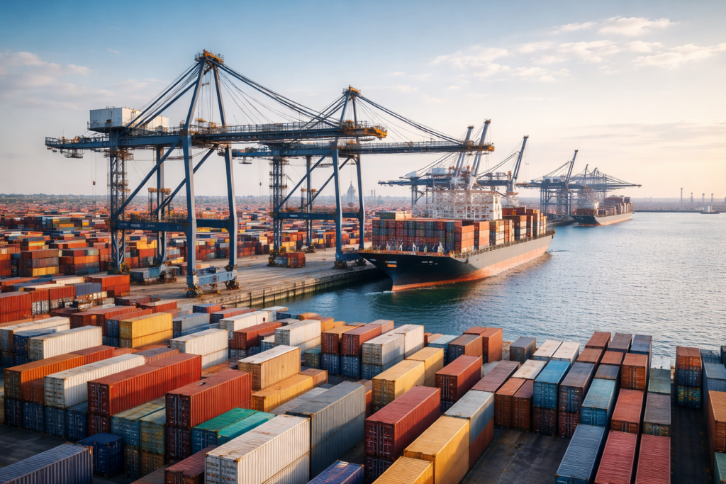 Shipping containers and cargo cranes at a European port, reflecting the EU’s expanded carbon border tariff measures