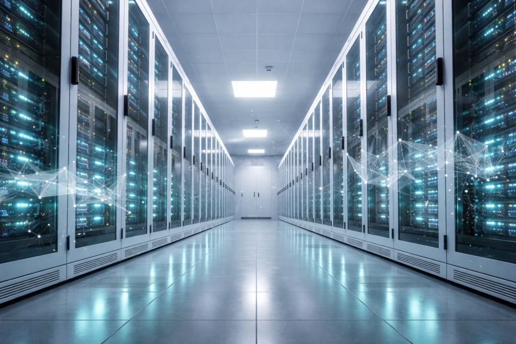 Advanced data center interior with rows of glowing server racks, representing high-level cybersecurity infrastructure and AI-driven network monitoring.
