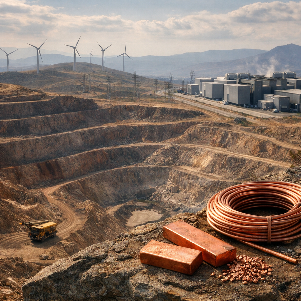Copper Is the New Constraint Open-pit copper mine with coiled copper cables and bars in the foreground, wind turbines and an AI data center in the background, illustrating the material foundations of electrification and digital infrastructure.