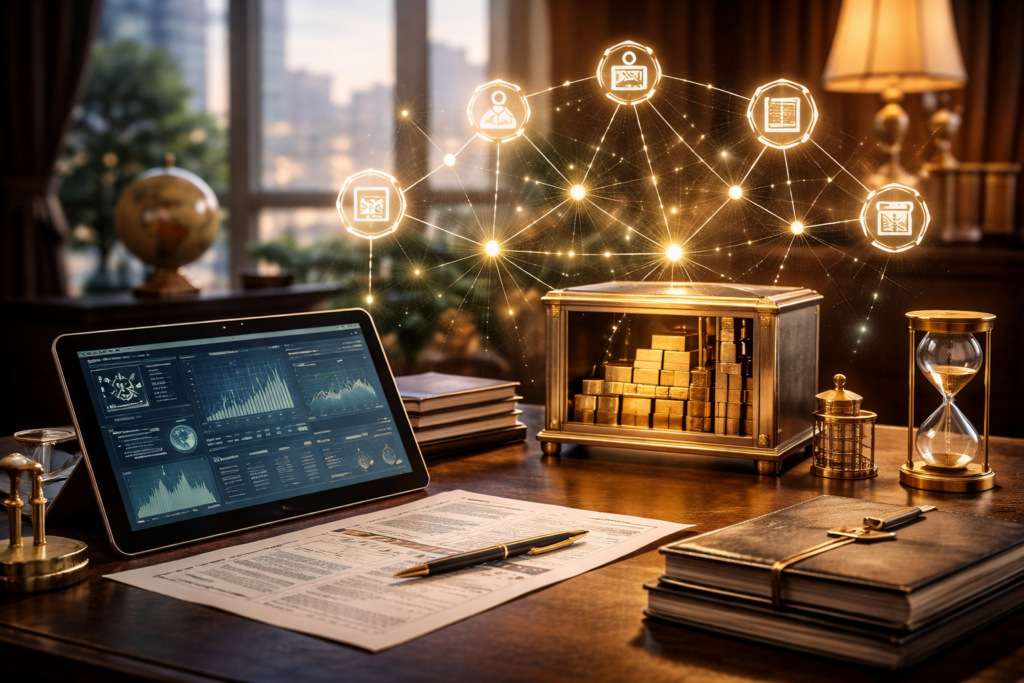 Private family office desk with digital wealth dashboards, secure vault, and financial records, illustrating the automation of multi generational wealth management.