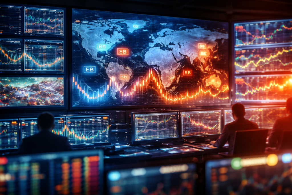 Global currency trading room with real time Forex charts and a world map showing rapid market movements driven by geopolitical volatility.