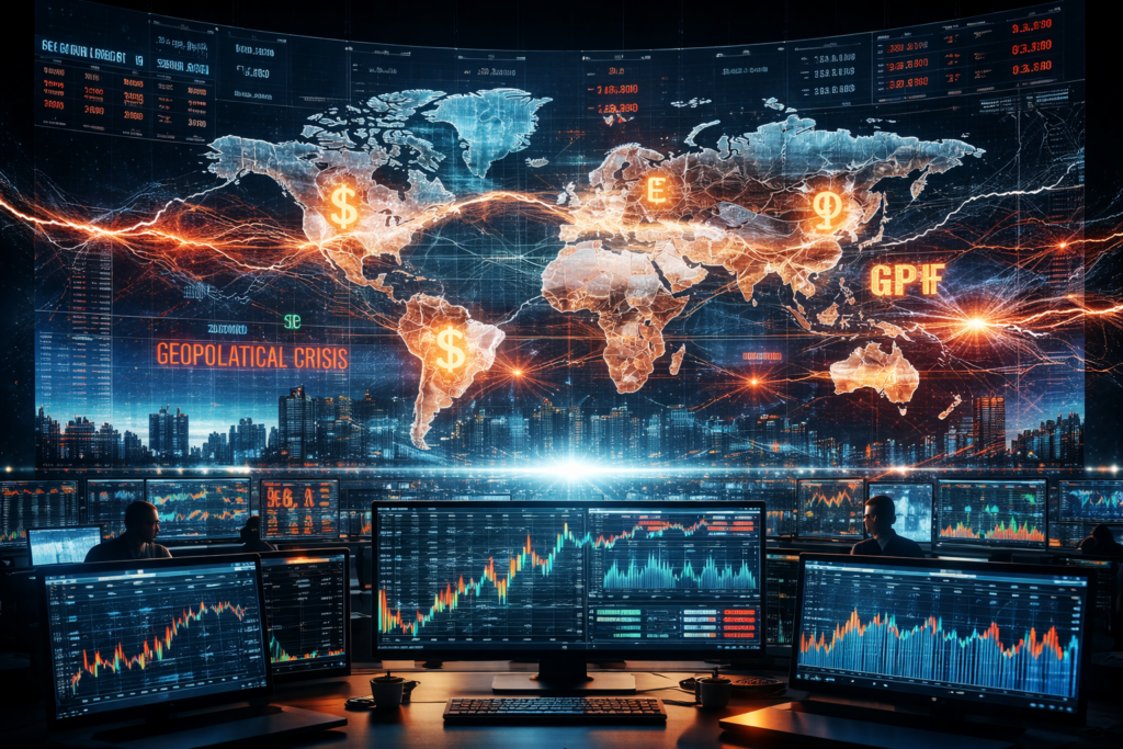 Global currency trading room with real time Forex charts and a world map showing rapid market movements driven by geopolitical volatility.
