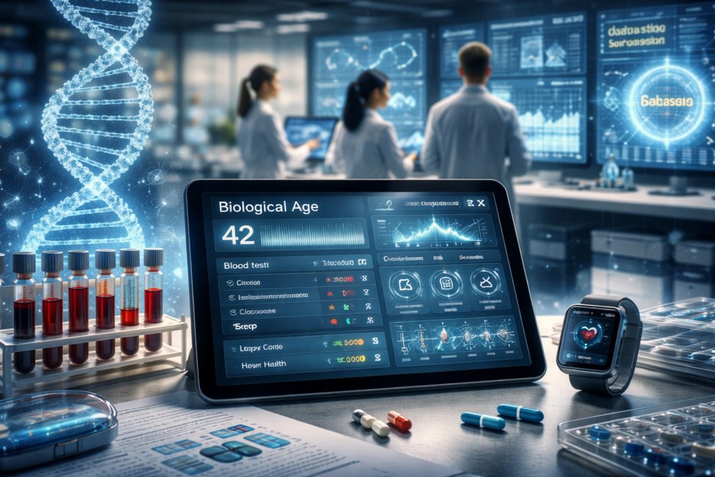 The Industrialisation of Longevity and the Management of Human Capital A modern laboratory scene combining biometric data screens, medical imaging, and digital health dashboards, illustrating the industrialisation of longevity through AI driven diagnostics.