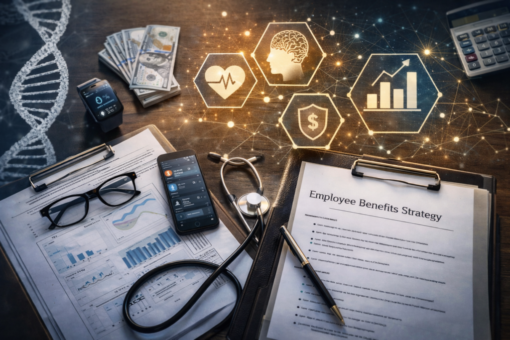 A modern laboratory scene combining biometric data screens, medical imaging, and digital health dashboards, illustrating the industrialisation of longevity through AI driven diagnostics.