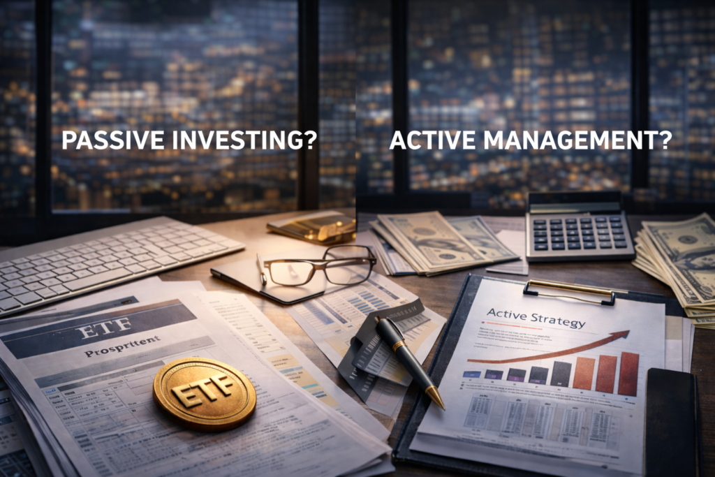 A workspace at dusk showing documents related to ETFs on one side and active investment reports, cash, and a calculator on the other, reflecting the contrast between passive and active investment approaches amid market volatility.