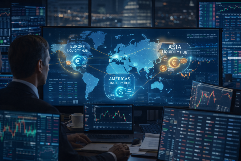 Foreign exchange trading desk with multiple screens displaying currency charts and a world map highlighting regional liquidity hubs in Europe, Asia, and the Americas.
