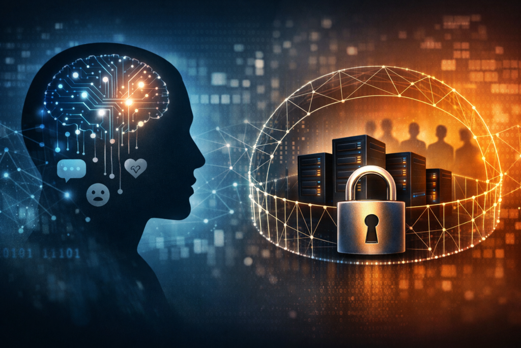 Illustration showing a human silhouette with a digital brain on one side and a locked data network on the other, representing limits of algorithmic empathy and mental health data control.