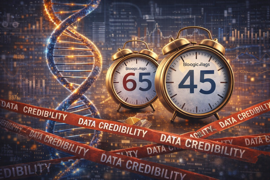 Illustration showing DNA strands beside ageing clocks displaying different biological ages, with financial charts and data warnings highlighting uncertainty in biological age measurements.