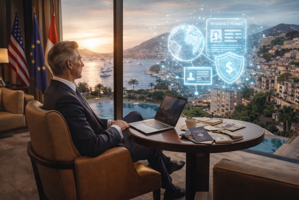 Affluent individual seated in a luxury residence overlooking a coastal city, with travel documents and financial materials visible, illustrating currency-driven mobility and long-term residence choices.