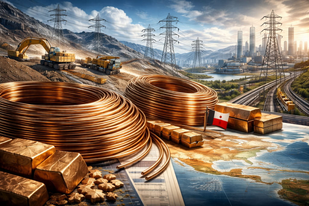 The Copper Supply Crunch and the Geopolitics of the Electric Grid Upgrade Editorial illustration showing copper coils, mining operations, and high voltage power lines over a mapped landscape, highlighting how copper supply constraints intersect with energy infrastructure and geopolitics.