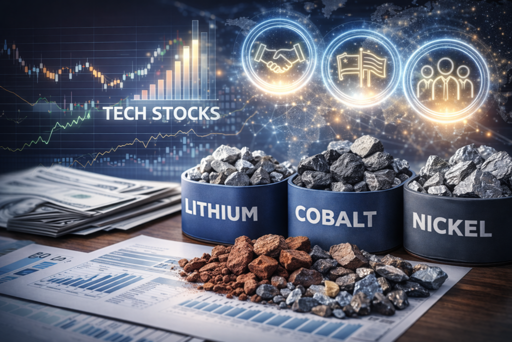 Containers of lithium, cobalt, and nickel placed on financial documents, with stock charts and global trade symbols illustrating the link between critical minerals and technology markets.
