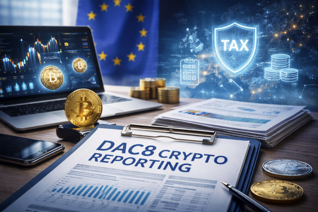 The DAC8 era and the reworking of crypto tax reporting Desk with crypto coins, tax documents, and a laptop showing currency charts, alongside a document labelled DAC8 crypto reporting and European regulatory symbols.