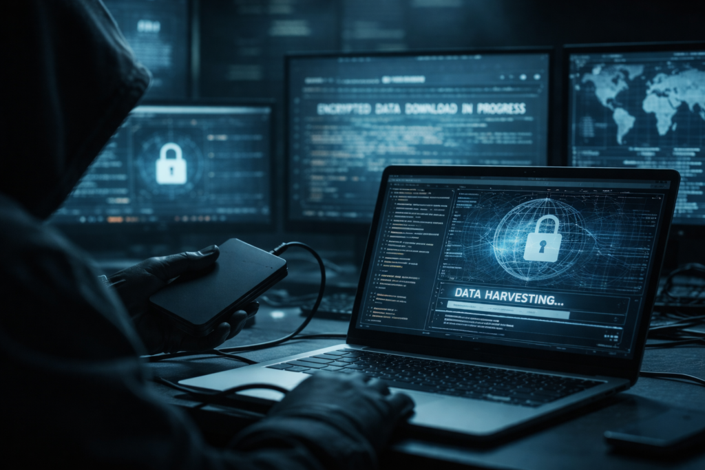The Harvest Now, Decrypt Later Threat: Why Current Encryption Is Already Obsolete A dark, subdued cybersecurity workspace shows encrypted data being copied for storage, suggesting long-term data collection rather than immediate attack.