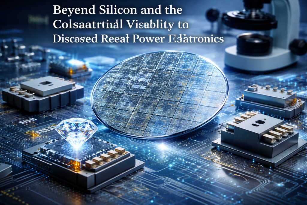 Editorial photograph of a diamond semiconductor wafer and power modules on a circuit board in a laboratory setting, illustrating research into diamond based power electronics.