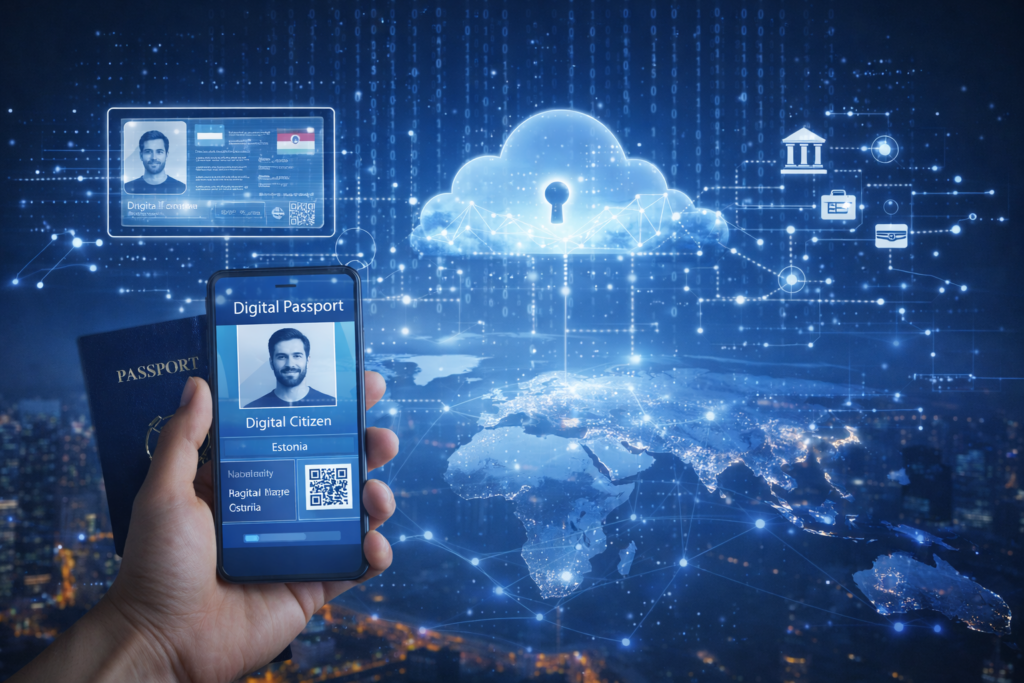 Hand holding a smartphone displaying a digital citizen ID above a world map, with cloud and network graphics symbolising cloud-based legal identity and digital citizenship.
