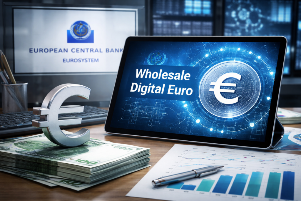 A tablet displaying wholesale digital euro settlement data on a desk with euro banknotes, financial charts, and European Central Bank branding in the background.