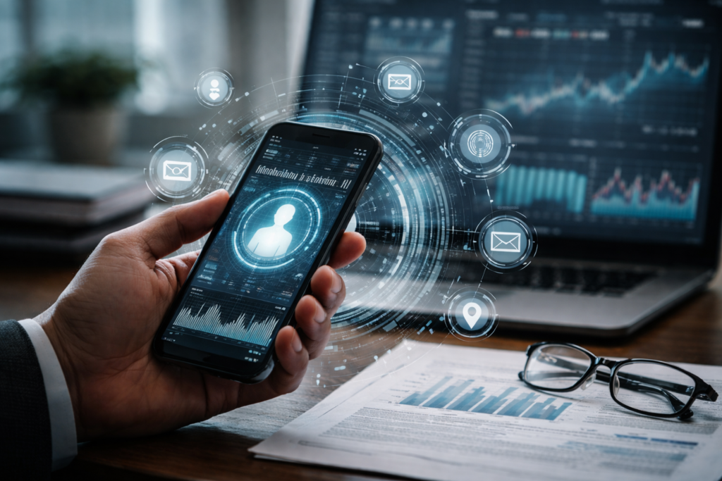 The Sovereignty of the Self in an Age of Algorithmic Governance Professional editorial photograph of a hand holding a smartphone displaying a data interface, with financial charts on a laptop and documents on a desk, illustrating algorithmic governance and automated decision systems.