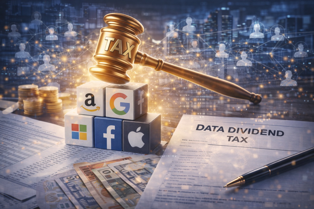 Digital interface showing user data streams, analytics dashboards, and tax symbols overlaid on global technology platforms, representing taxation of digital value and data assets.