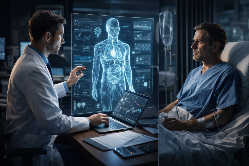 A clinician studies a patient data visualization on a digital screen, suggesting the use of computational models to predict medical outcomes before clinical testing.