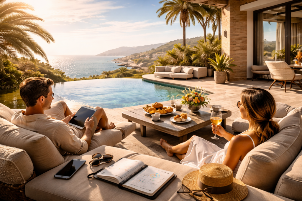 Editorial photograph of a couple relaxing on a coastal villa terrace with an infinity pool, tablet and planner on the table, illustrating affluent lifestyle focused on time, flexibility, and quiet luxury.