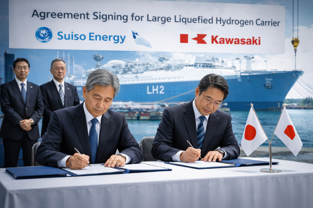 Two Japanese executives from Suiso Energy and Kawasaki Heavy Industries sign a liquefied hydrogen carrier contract at a port, with company officials standing behind them and a hydrogen carrier ship in the background.