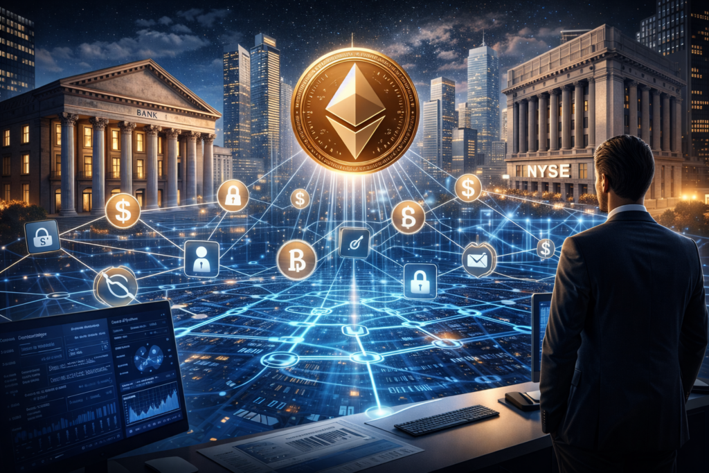 The Institutional Pivot to On-chain Liquidity and the Institutionalization of DeFi Editorial illustration showing institutional financial symbols interacting with transparent blockchain ledgers, representing the shift of large capital flows into on-chain liquidity and structured DeFi systems.