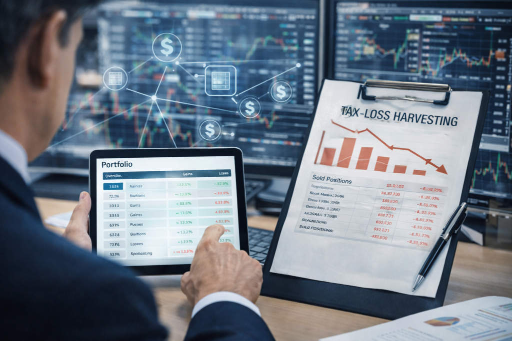 Financial advisor reviewing a direct indexing portfolio on a tablet beside a tax-loss harvesting report, with stock market data screens in the background.