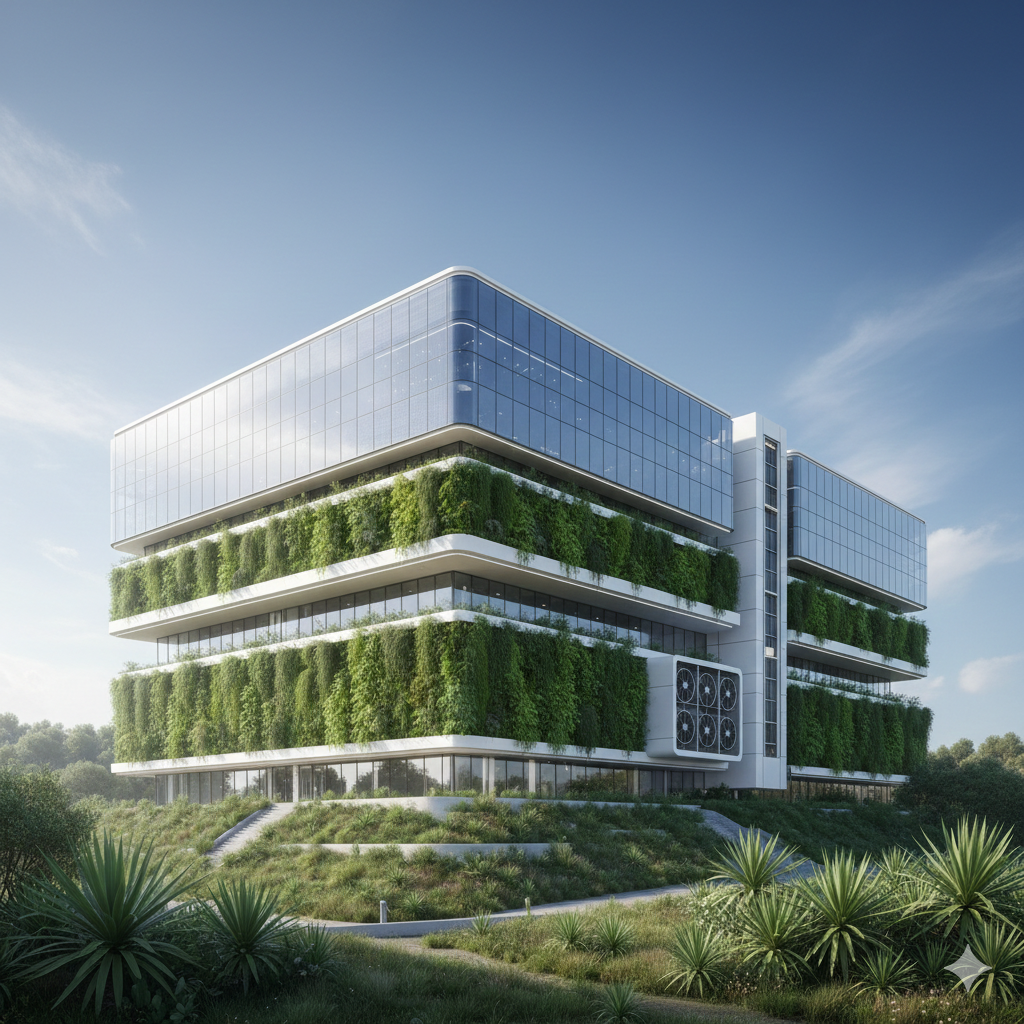 Sustainable Infrastructure Becomes the Primary Constraint for AI Expansion Modern data center architecture featuring integrated vertical gardens and solar panels, illustrating sustainable computing infrastructure.