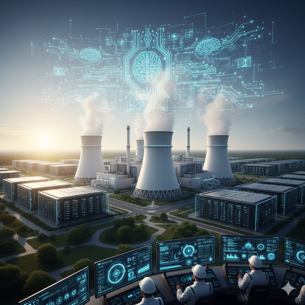 Uranium and the Nuclear Foundation of the Digital Economy A modern nuclear power plant integrated with a massive AI data center complex at sunset, featuring digital holographic overlays of neural networks and control room monitors illustrating the fusion of nuclear energy and artificial intelligence.