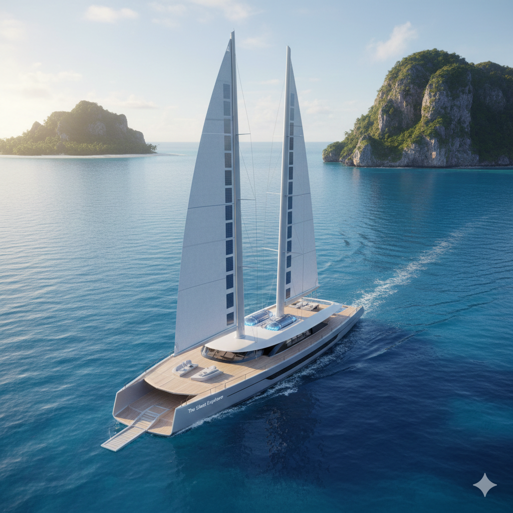 The Silent Return of Wind Powered Luxury Travel Sleek futuristic sailing yacht with high-tech white sails cruising on clear blue water illustrating the future of high end travel.