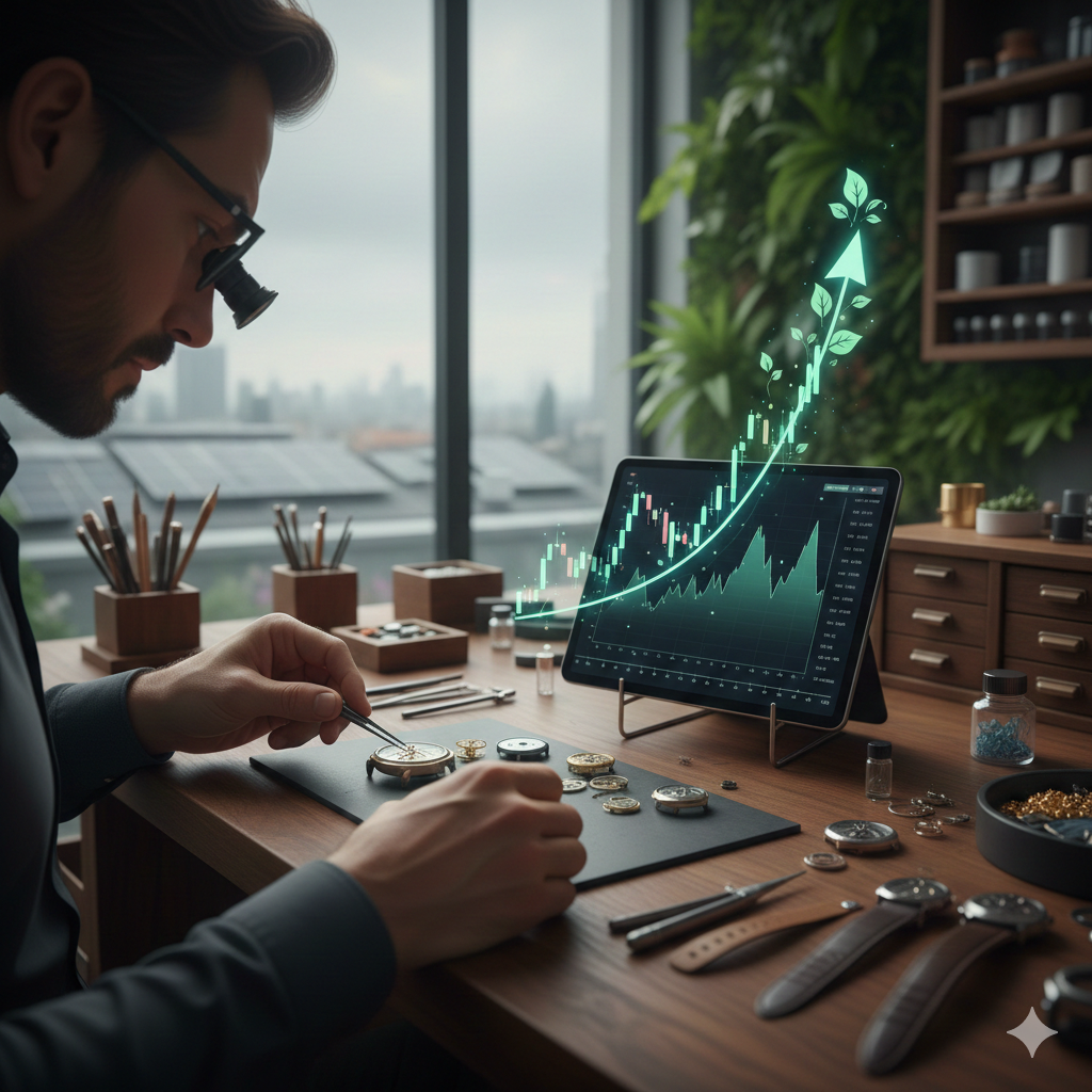 The blue-chip rebirth of regenerative luxury A professional watchmaker in a suit meticulously repairing a luxury timepiece at a wooden desk, while a digital tablet nearby displays a rising green stock market graph decorated with leaves, symbolizing the intersection of long-term craftsmanship and regenerative luxury investments.