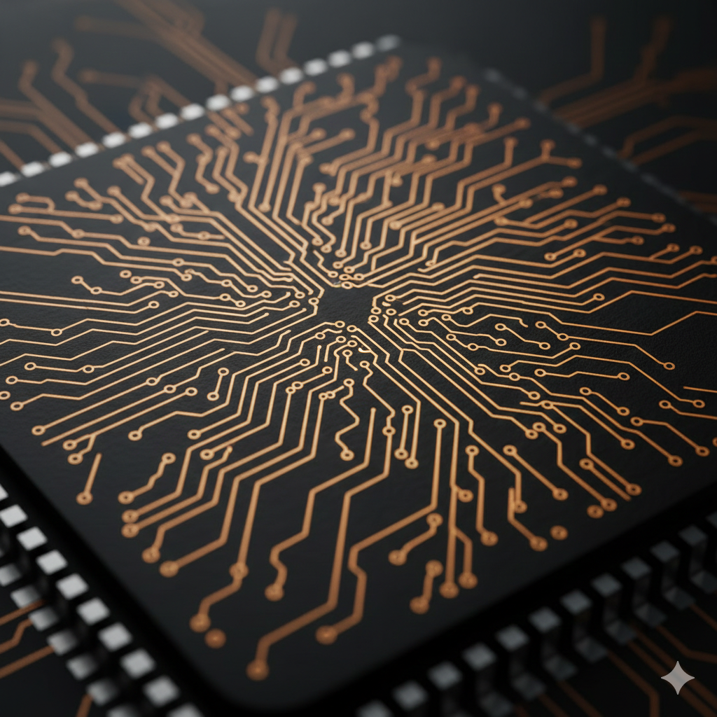Neuromorphic Computing Signals a Structural Shift in Semiconductor Design Macro photography of an advanced neuromorphic processor, showing a complex, non-linear circuit design that resembles organic neural pathways.