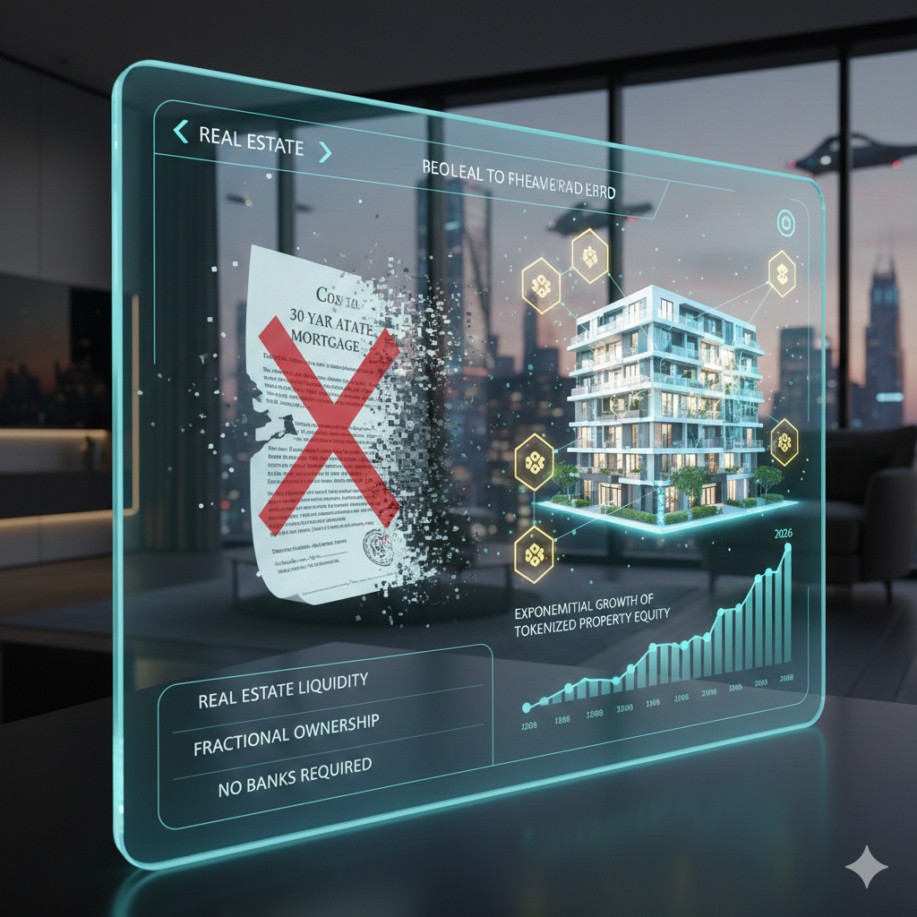 The Tokenized Equity Shift and the Death of the 30 Year Mortgage A futuristic 2026 real estate analytics dashboard on a glass screen, showing a traditional 30-year mortgage document being digitally deconstructed into tokens, next to a 3D building model and a rising growth chart of tokenized property equity.