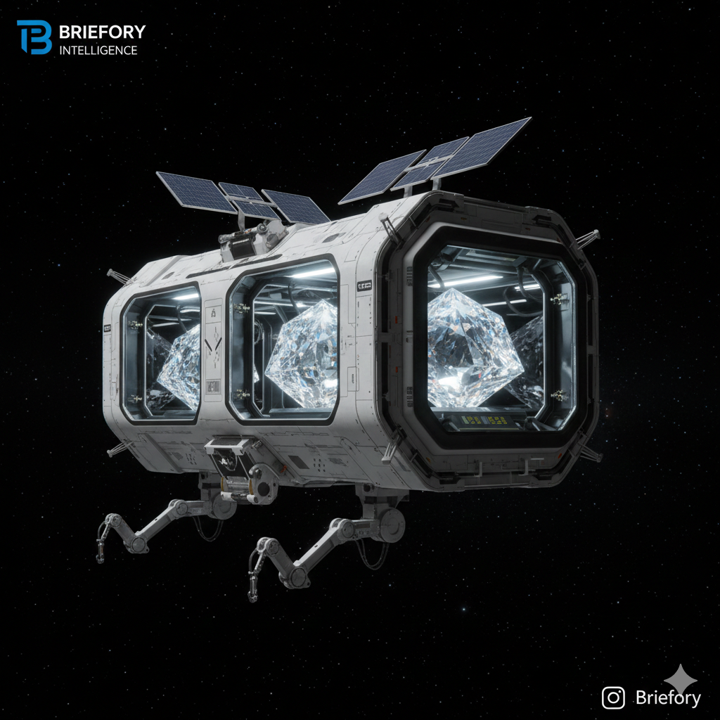 The Orbital Factory and the Microgravity Materials Revolution Futuristic visualization of an automated orbital manufacturing module producing high-purity crystals in microgravity.