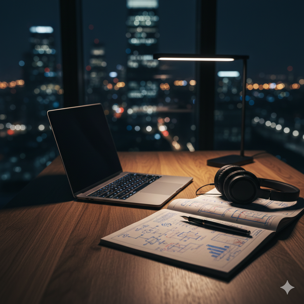 Beyond the Burn: The Shift to Efficient Growth in the Startup Ecosystem A minimalist and professional workspace featuring a high-end laptop and a notebook on an oak desk, symbolizing the focus on disciplined and efficient growth in the modern startup ecosystem.